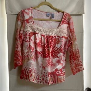 Floral Lace Trim Women's Top - corals and beiges. Top by Caribbean Joe